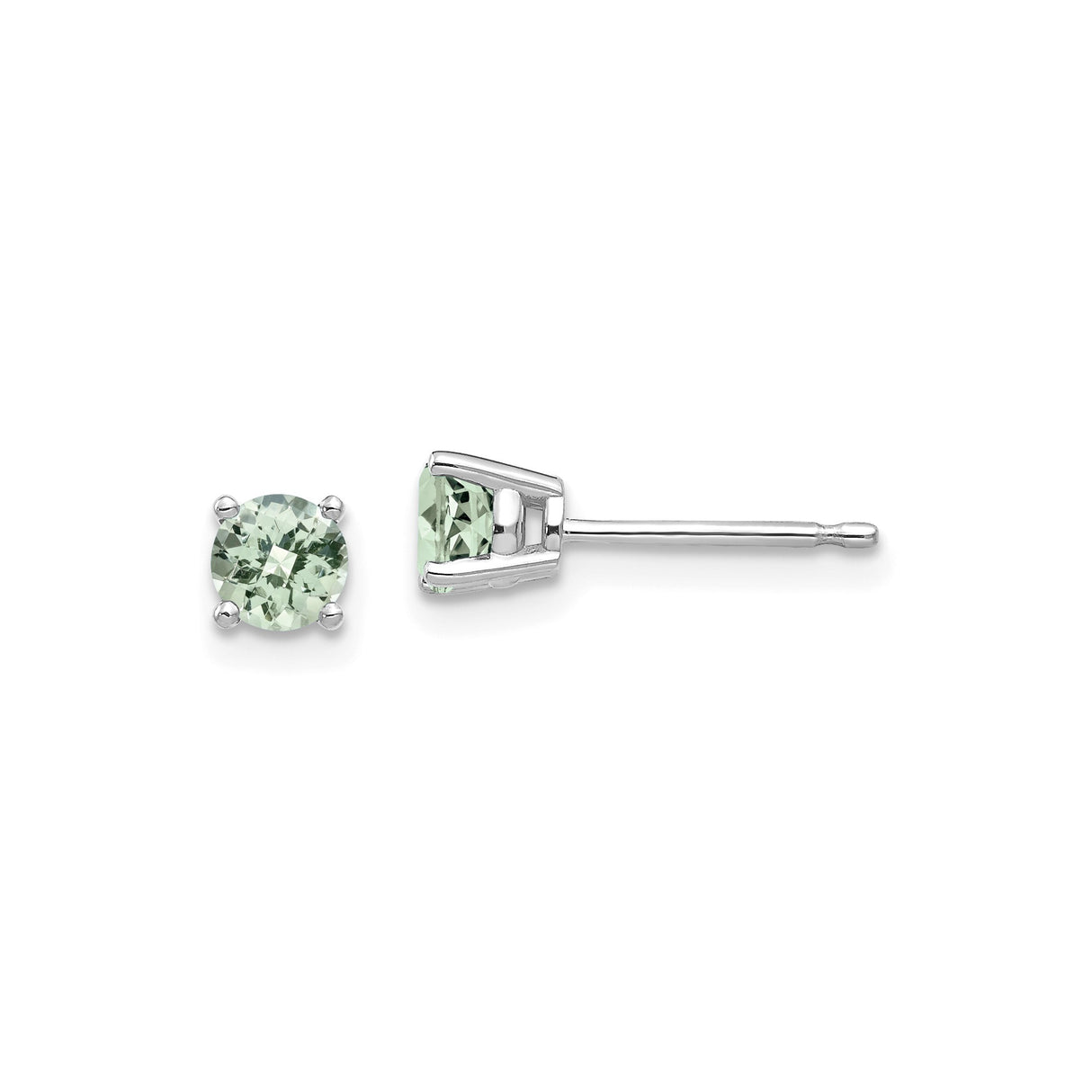 14k White Gold Stud Earrings with Round Cut Green Quartz, Minimalist Lightweight Design