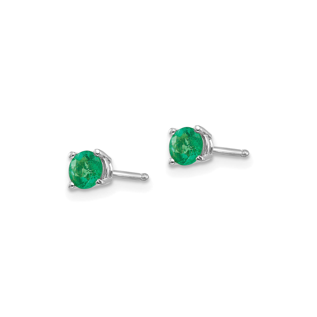 14k White Gold Emerald Stud Earrings, Round Cut Gemstones in Four Prong Setting