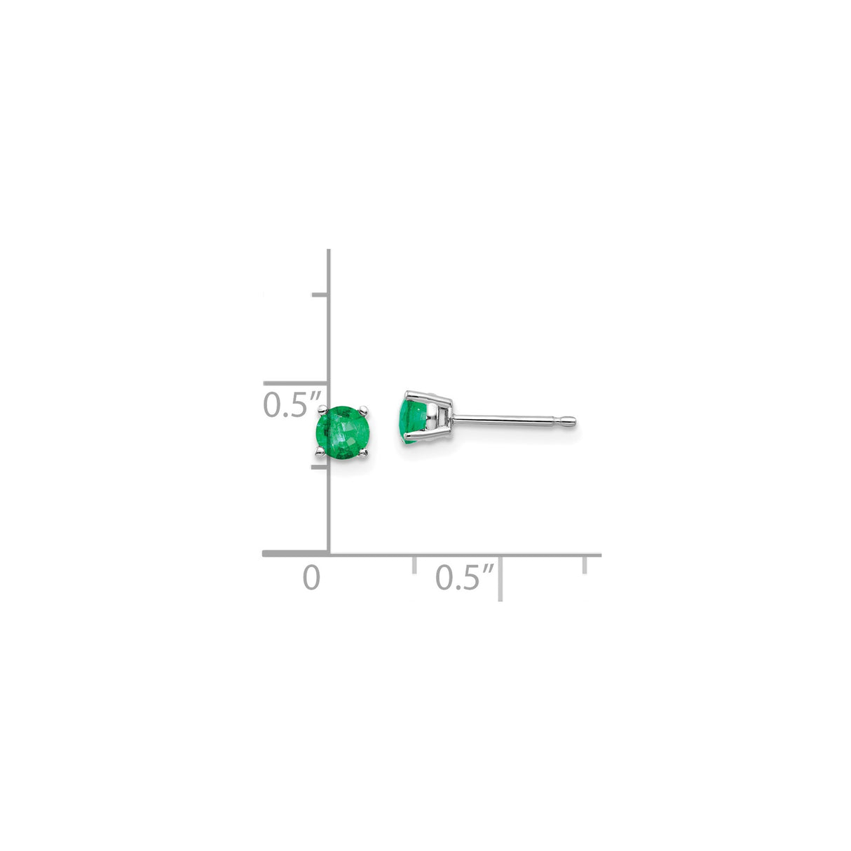 14k White Gold Emerald Stud Earrings, Round Cut Gemstones in Four Prong Setting