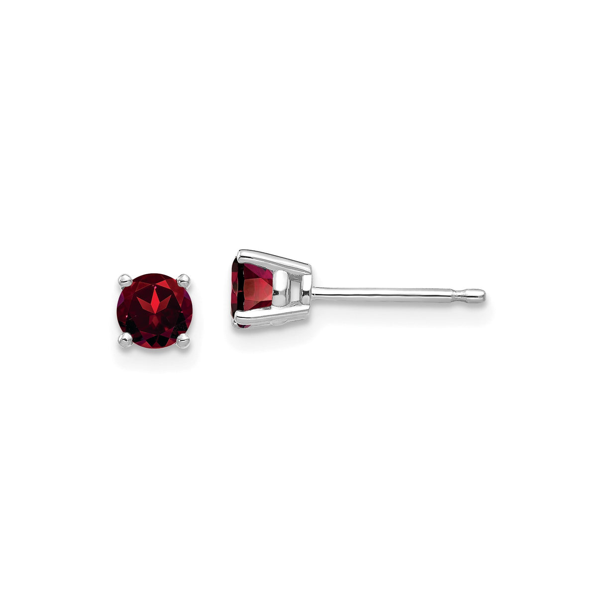 14k White Gold Garnet Stud Earrings, Round Deep Red Gemstone in Classic Four Prong Setting