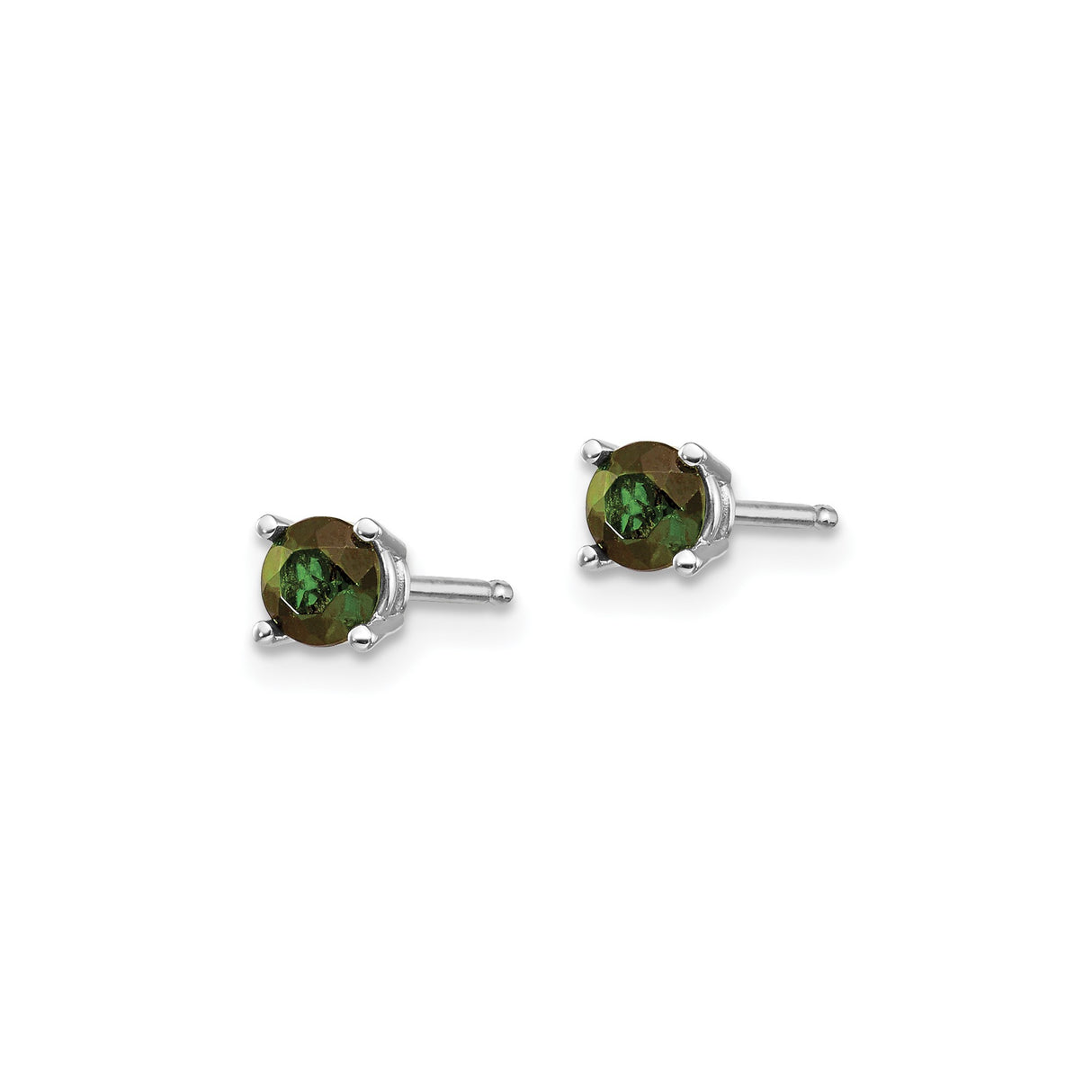 14k White Gold Stud Earrings with Round Green Tourmaline in Four-Prong Setting