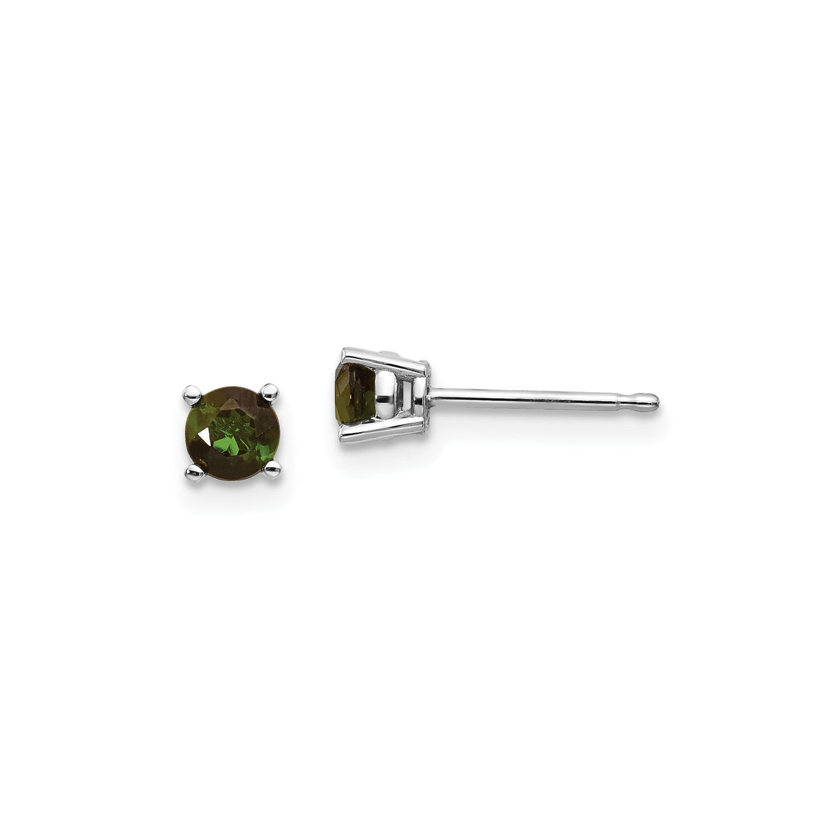 14k White Gold Stud Earrings with Round Green Tourmaline in Four-Prong Setting