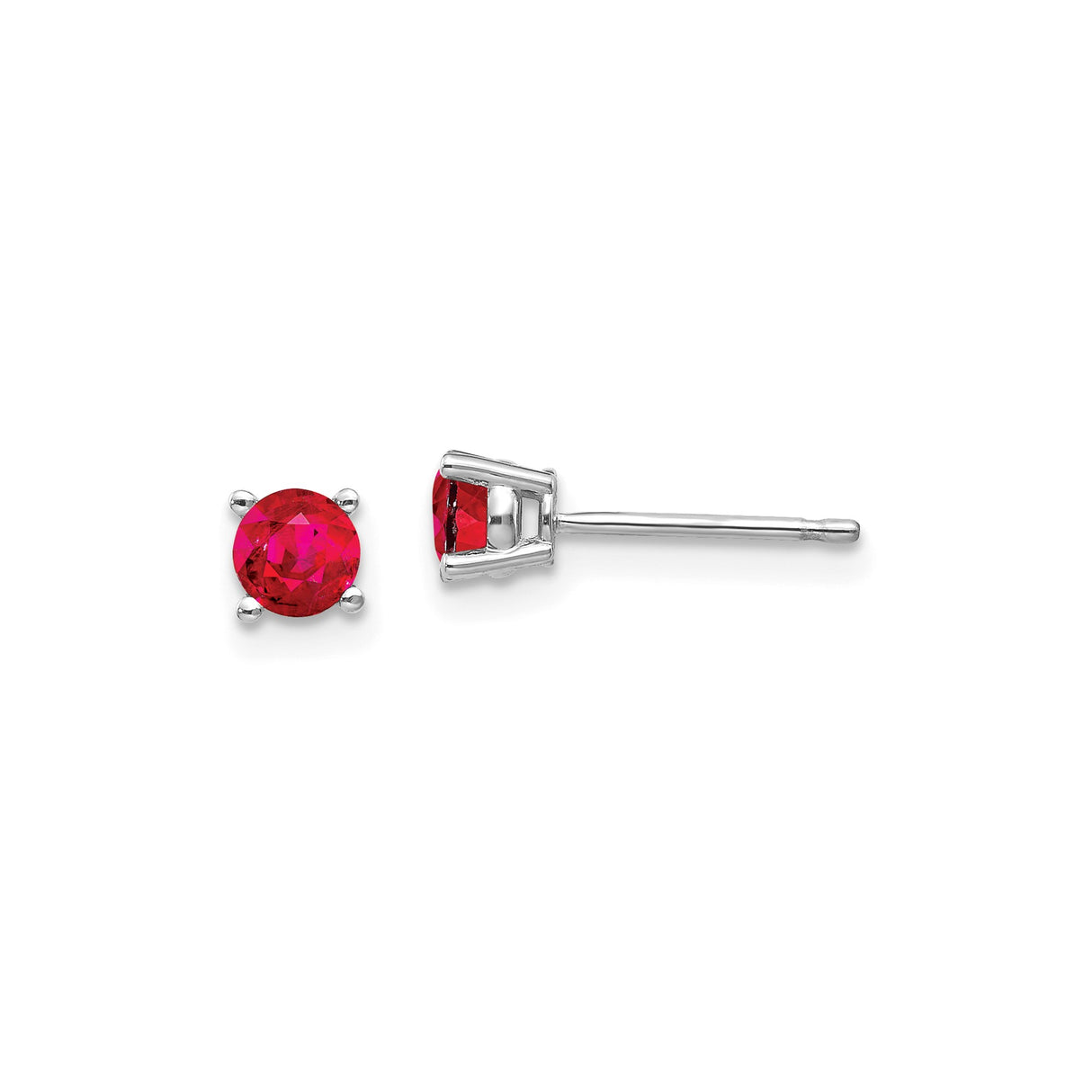 14k White Gold Ruby Stud Earrings, Round Cut Four Prong Setting, July Birthstone Jewelry