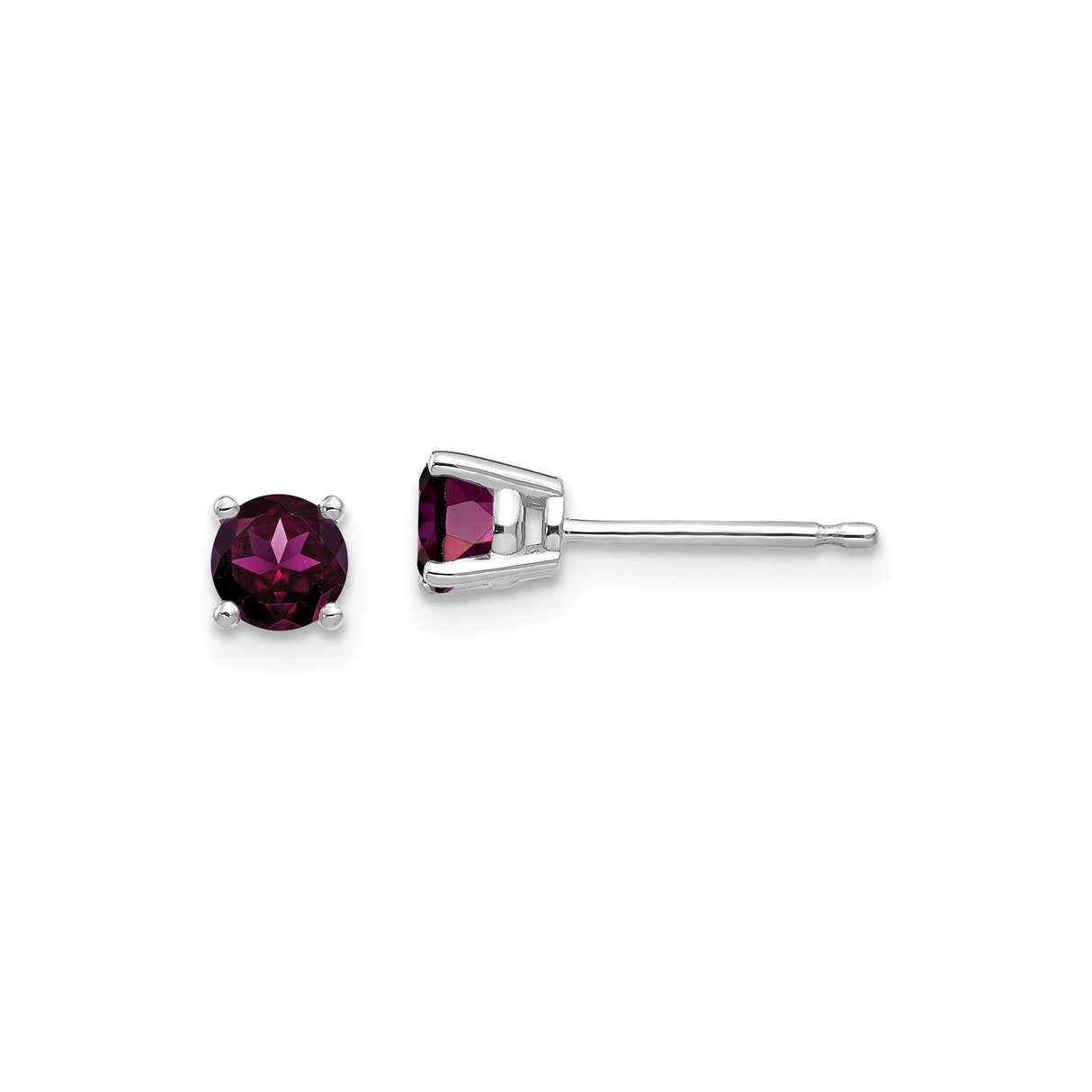 14k White Gold Stud Earrings with Round Rhodolite Garnet, Classic Four Prong Setting