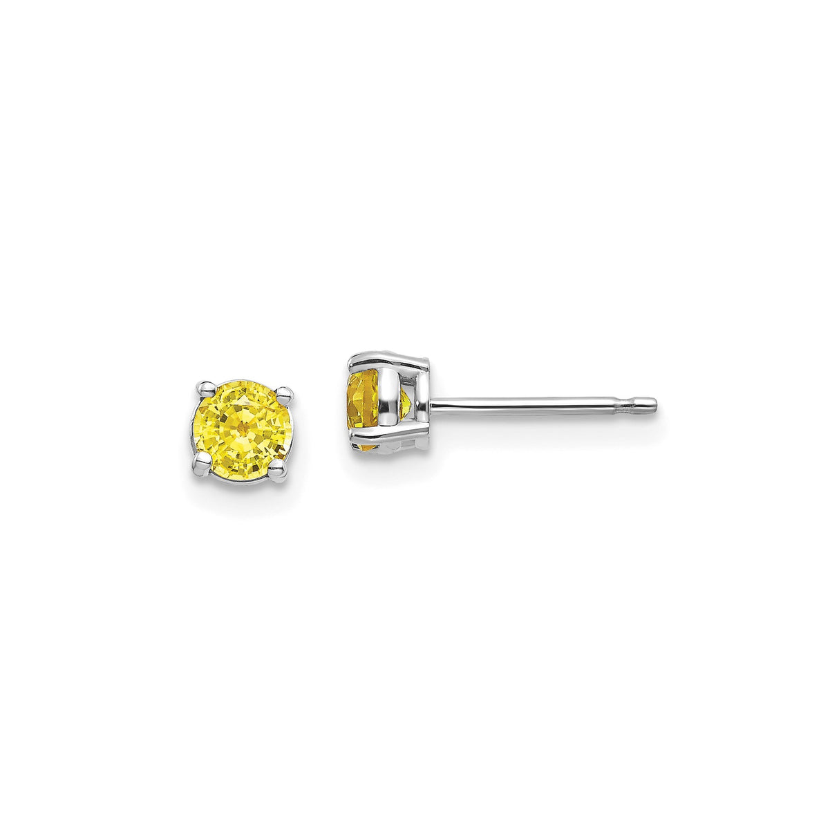 14k White Gold Stud Earrings with Round Cut Yellow Sapphire in Classic Four Prong Setting