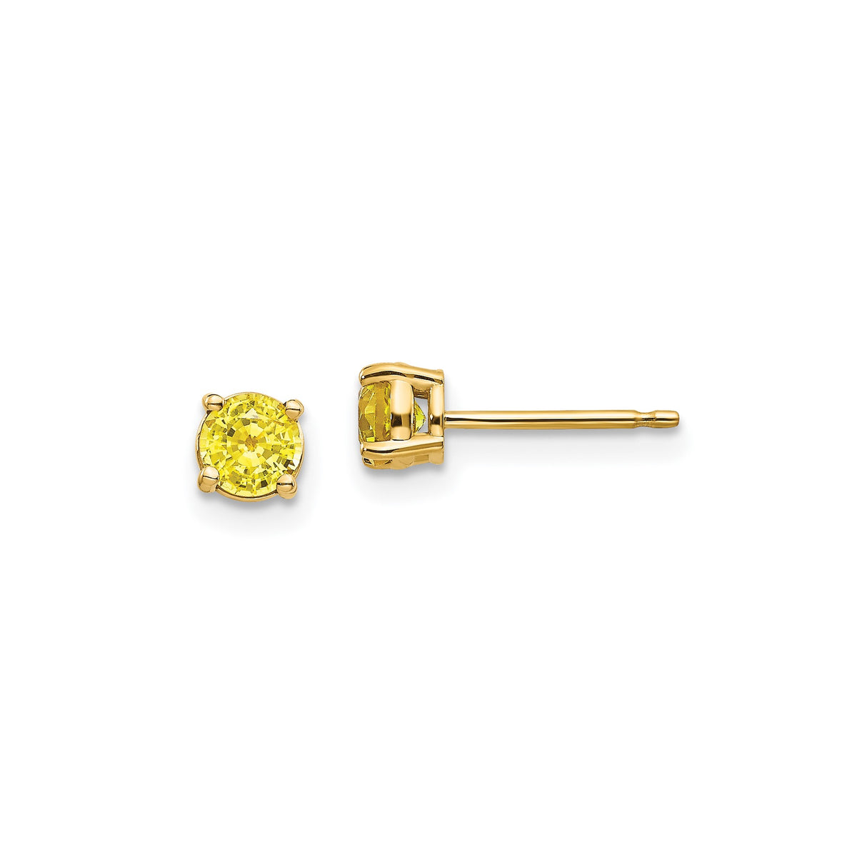 14k Yellow Gold Stud Earrings with Round Cut Sapphire in Four Prong Setting, Minimalist Style