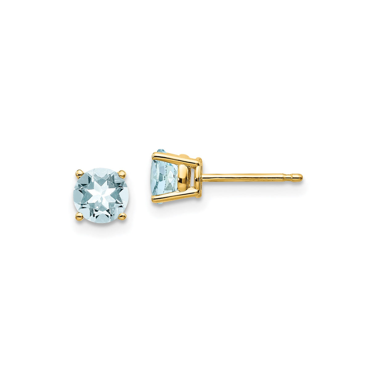 14k Yellow Gold Aquamarine Stud Earrings, Round Cut Solitaire, Minimalist Jewelry for Women