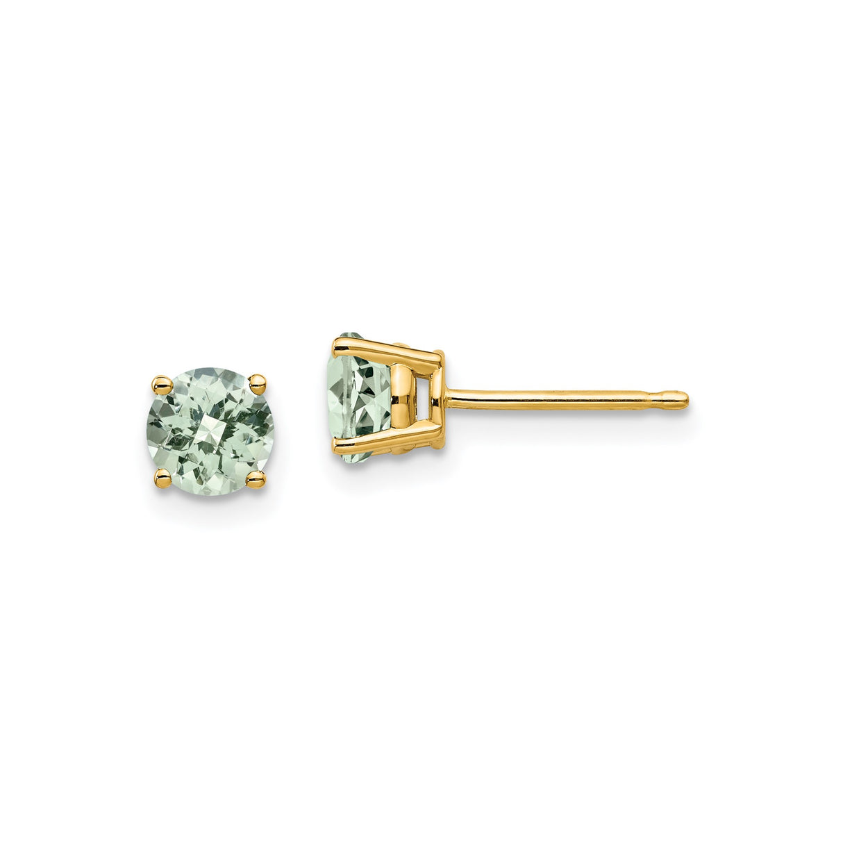 14k Yellow Gold Stud Earrings with Light Green Quartz, Classic Four Prong Minimalist Style