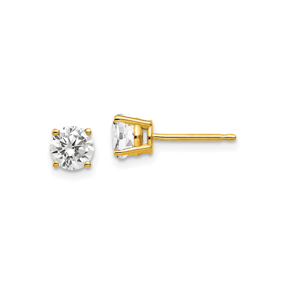 14k Yellow Gold Stud Earrings with Solitaire Cubic Zirconia, Four-Prong Setting, Classic Style