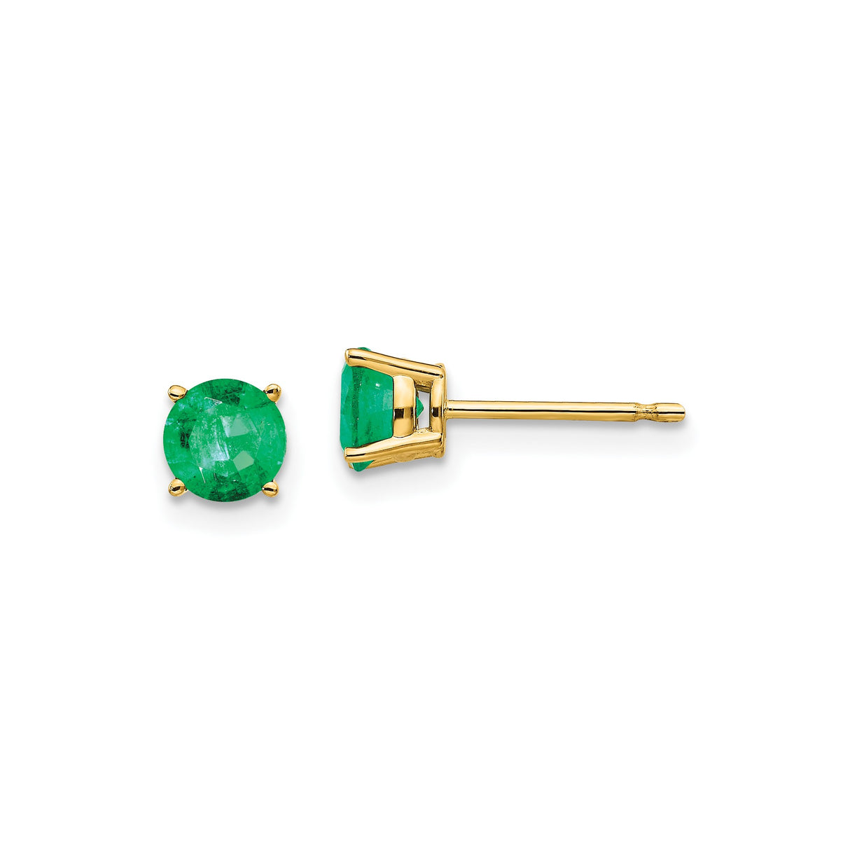 14k Yellow Gold Stud Earrings with Round Emerald in Classic Four Prong Setting for Women