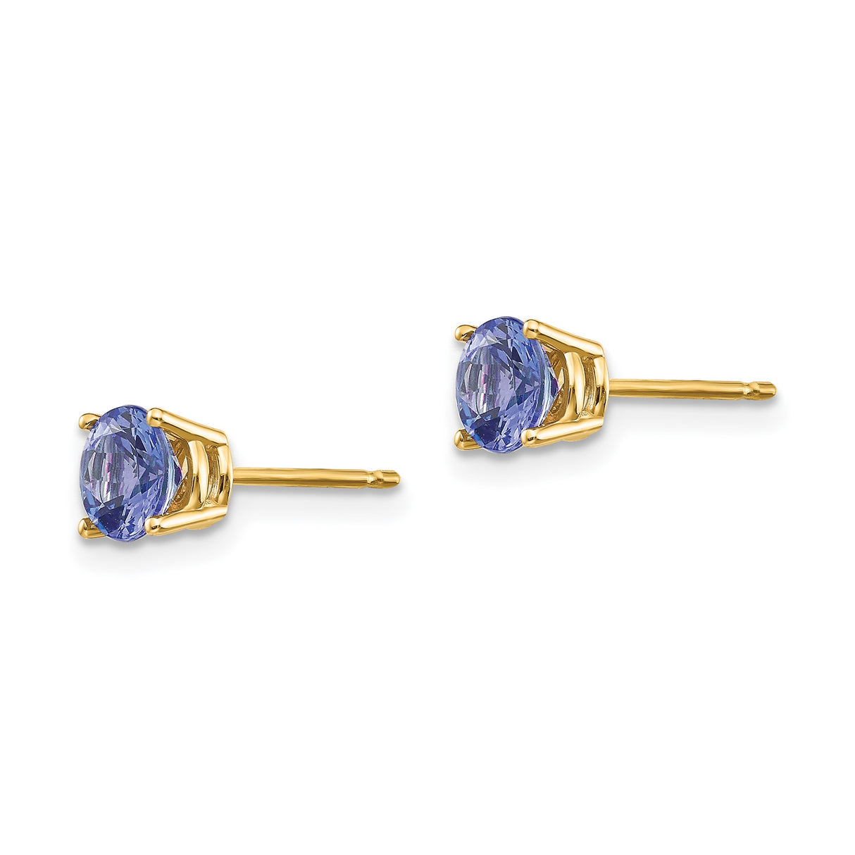 14k Yellow Gold Stud Earrings with Round Tanzanite in Four-Prong Setting, Minimal Modern Design