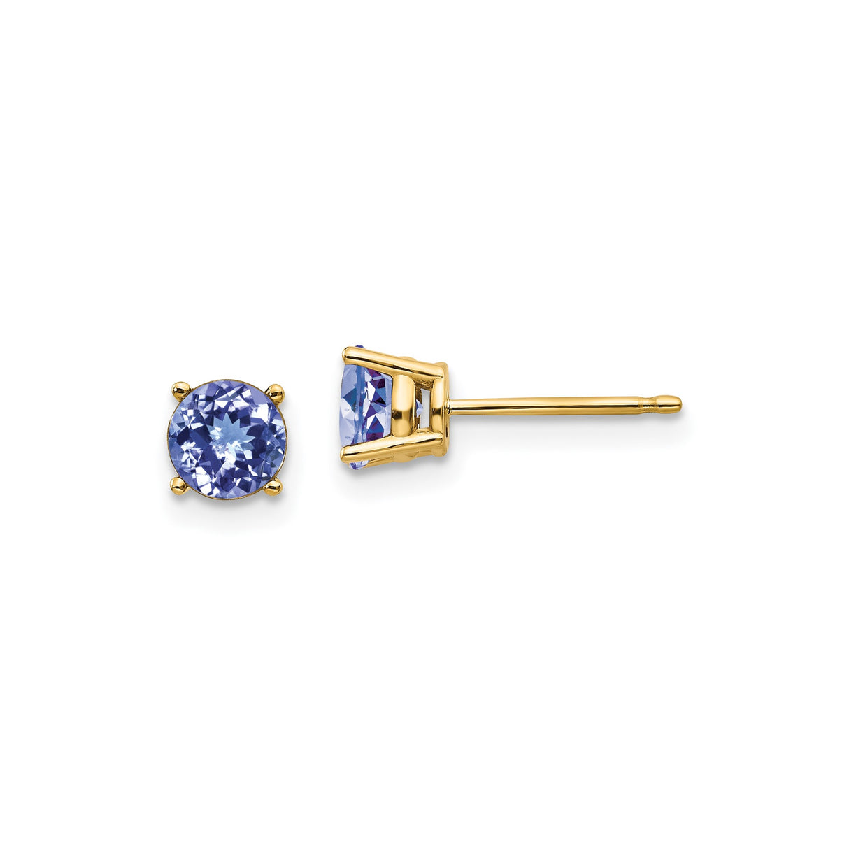 14k Yellow Gold Stud Earrings with Round Tanzanite in Four-Prong Setting, Minimal Modern Design
