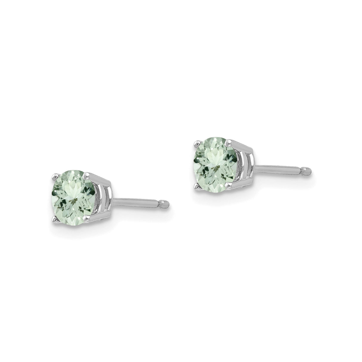 14k White Gold Stud Earrings with Light Green Quartz, Round Cut, Classic Four Prong Setting