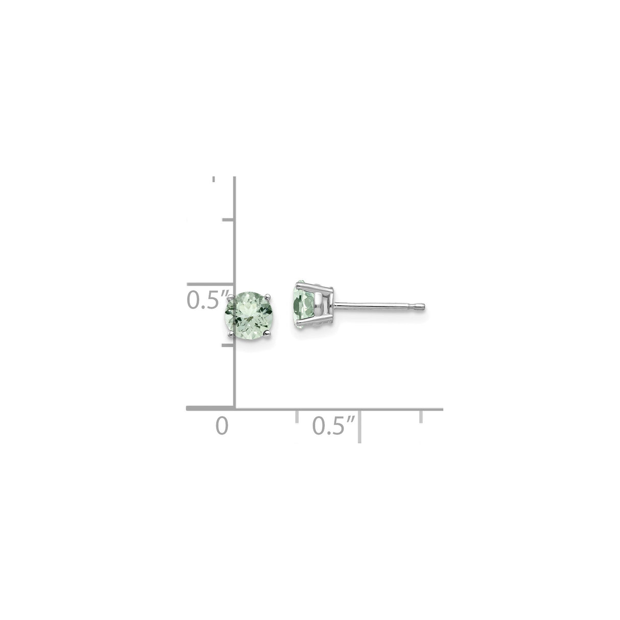 14k White Gold Stud Earrings with Light Green Quartz, Round Cut, Classic Four Prong Setting