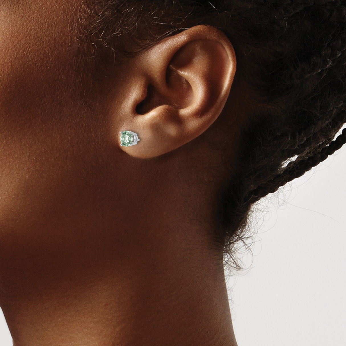 14k White Gold Stud Earrings with Round Light Green Quartz, Minimalist Gemstone Design