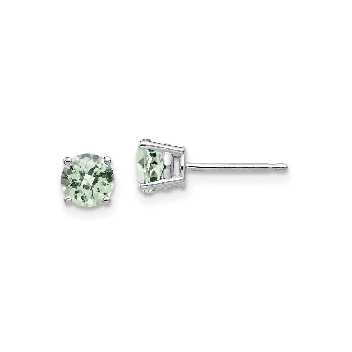 14k White Gold Stud Earrings with Round Light Green Quartz, Minimalist Gemstone Design