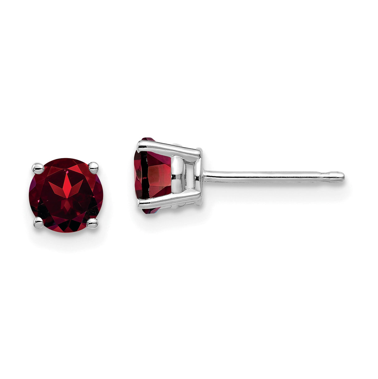 14k White Gold Stud Earrings with Garnet, Classic Four Prong Setting, Minimalist Style