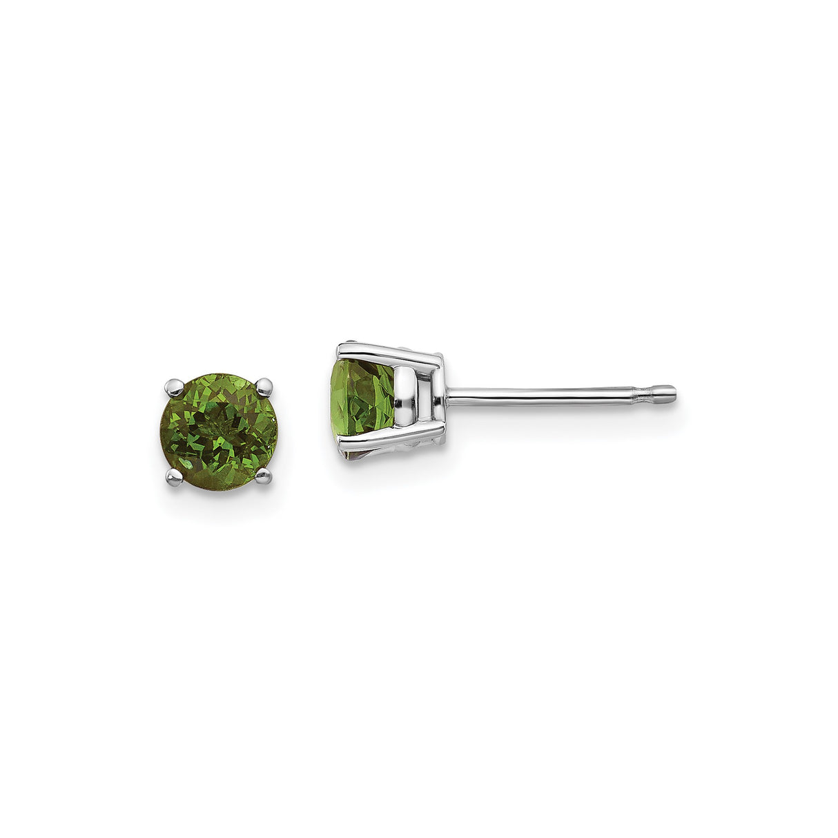 14k White Gold Stud Earrings with Green Tourmaline in Four Prong Setting, Classic Minimalist Style