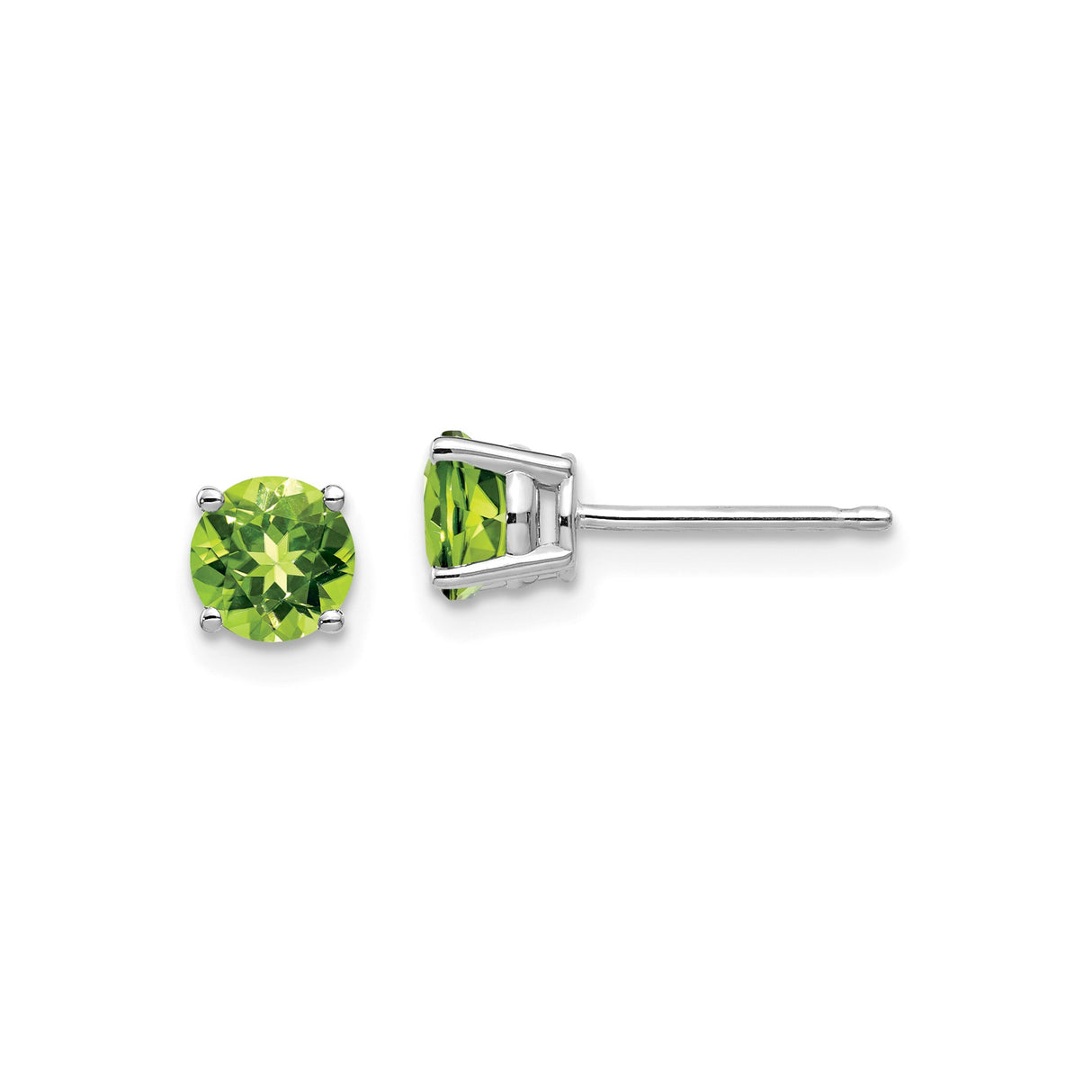 14k White Gold Peridot Stud Earrings, Round Cut, Four Prong Setting, August Birthstone Jewelry