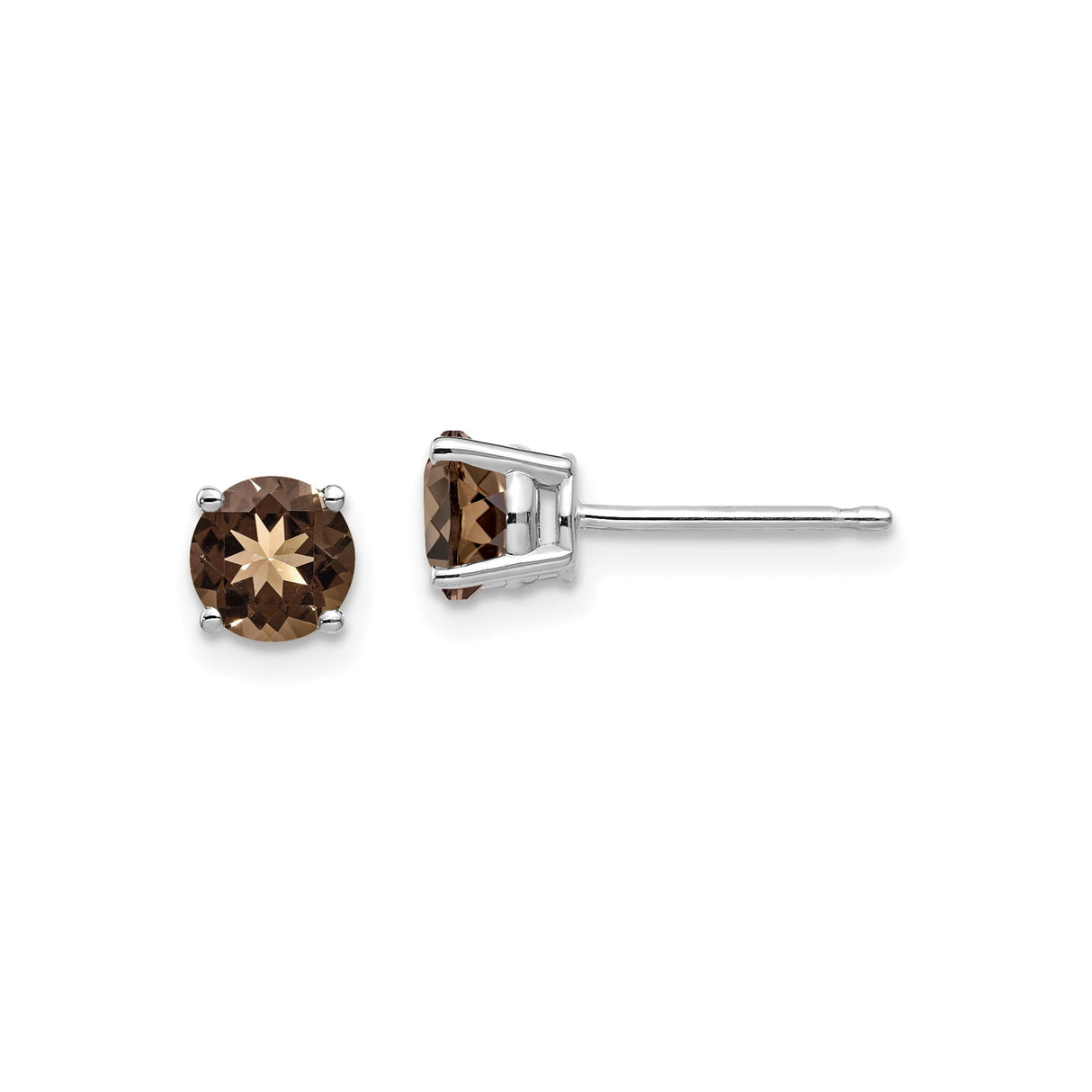 14k White Gold Stud Earrings with Round Smoky Quartz, Minimalist Modern Style