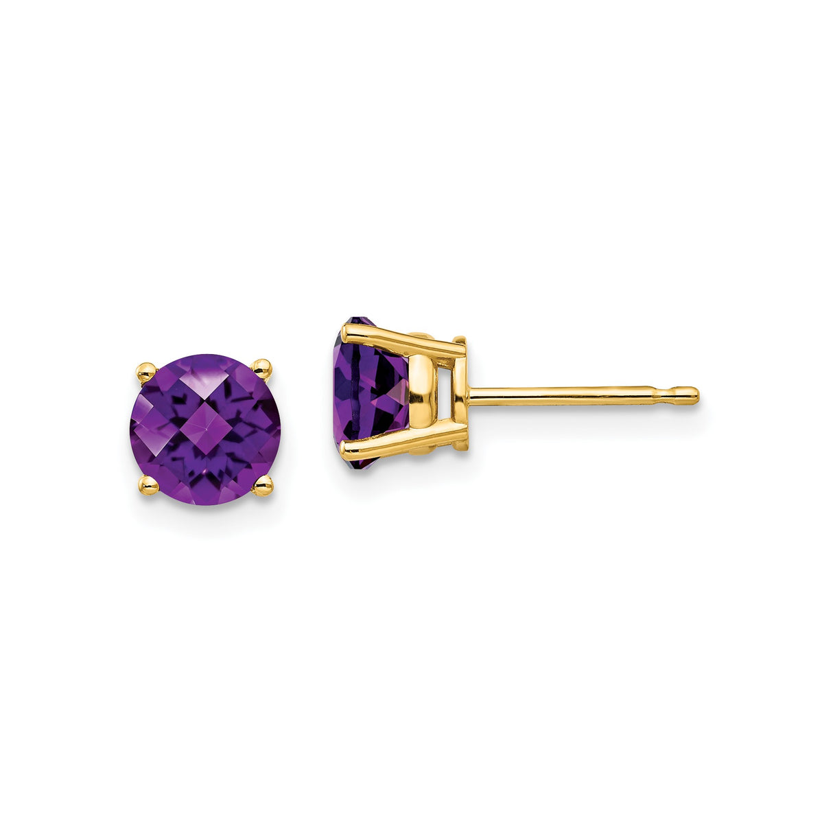14k Yellow Gold Stud Earrings with Round Amethyst in Four Prong Setting