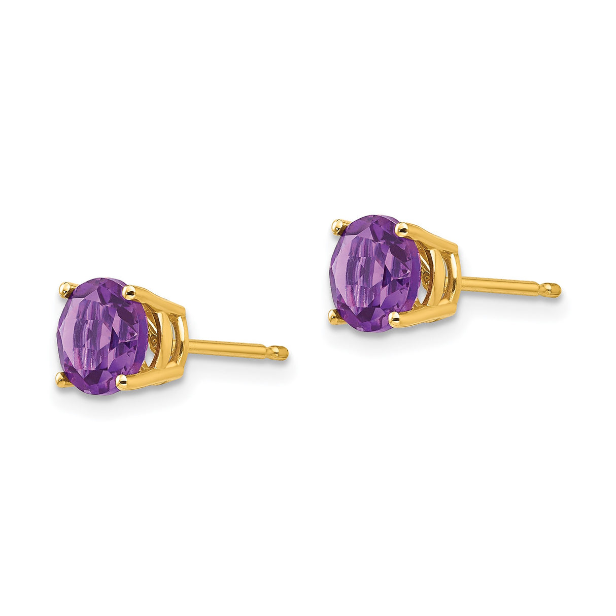 14k Yellow Gold Amethyst Stud Earrings, Round Cut, Four Prong Setting, February Birthstone