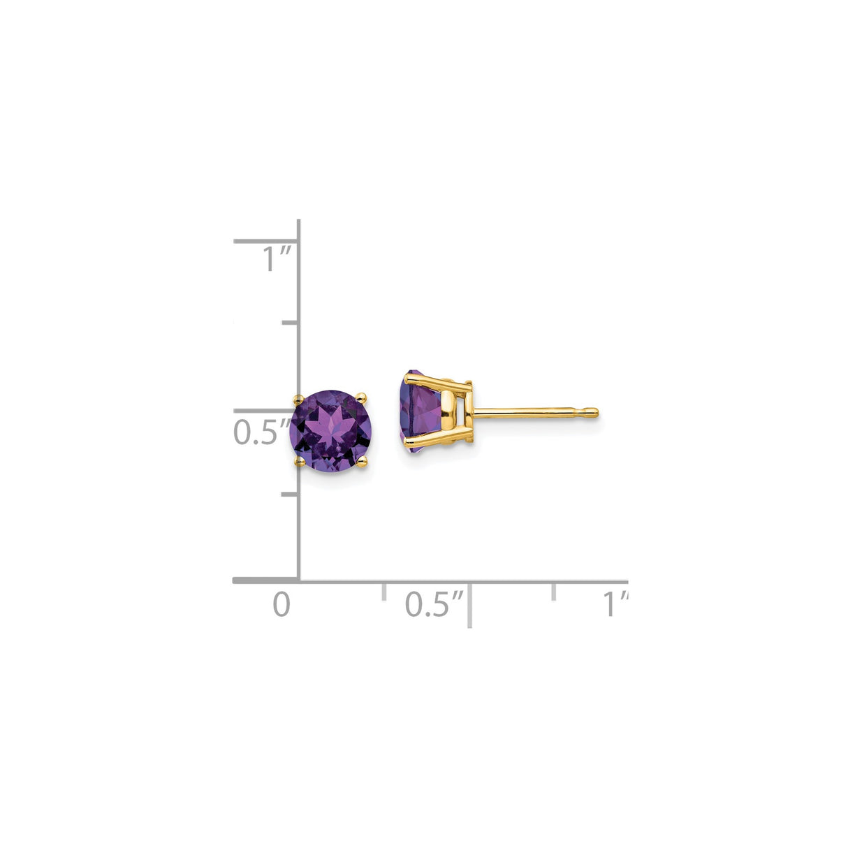 14k Yellow Gold Amethyst Stud Earrings, Round Cut, Four Prong Setting, February Birthstone