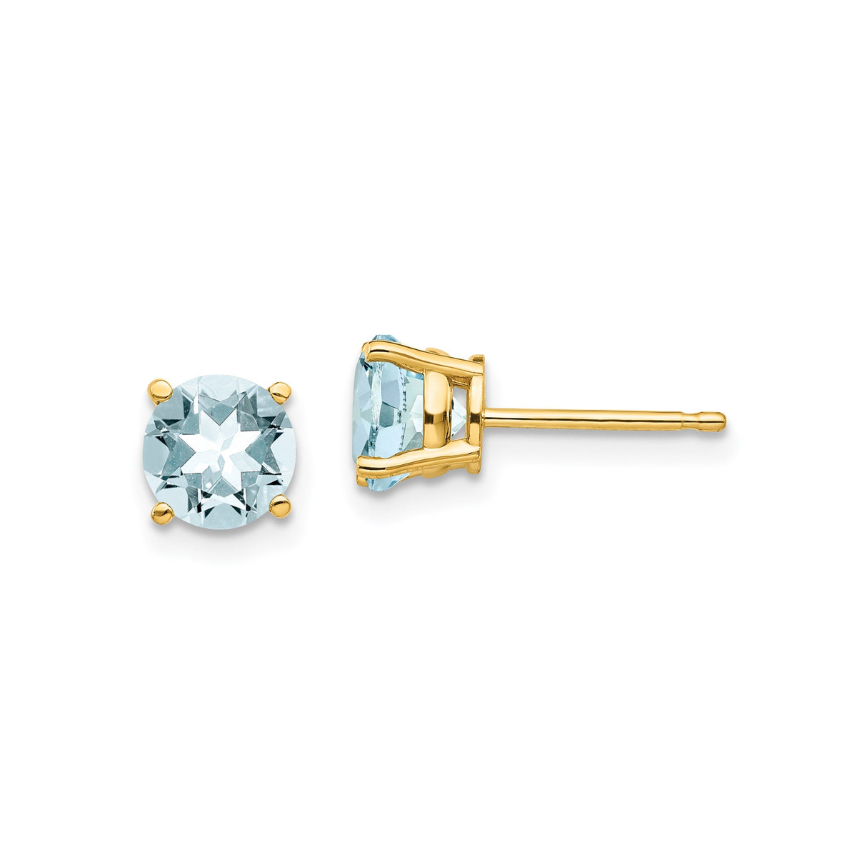14k Yellow Gold Stud Earrings with Round Aquamarine, Four-Prong Setting, Minimalist Design