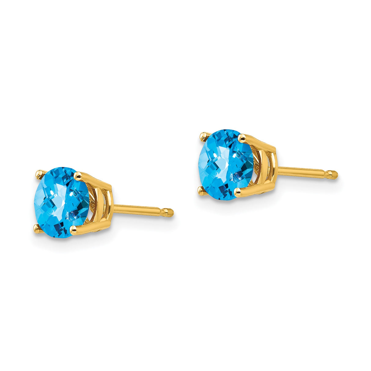 14k Yellow Gold Stud Earrings with Swiss Blue Topaz, Checkerboard Cut, Four Prong Setting
