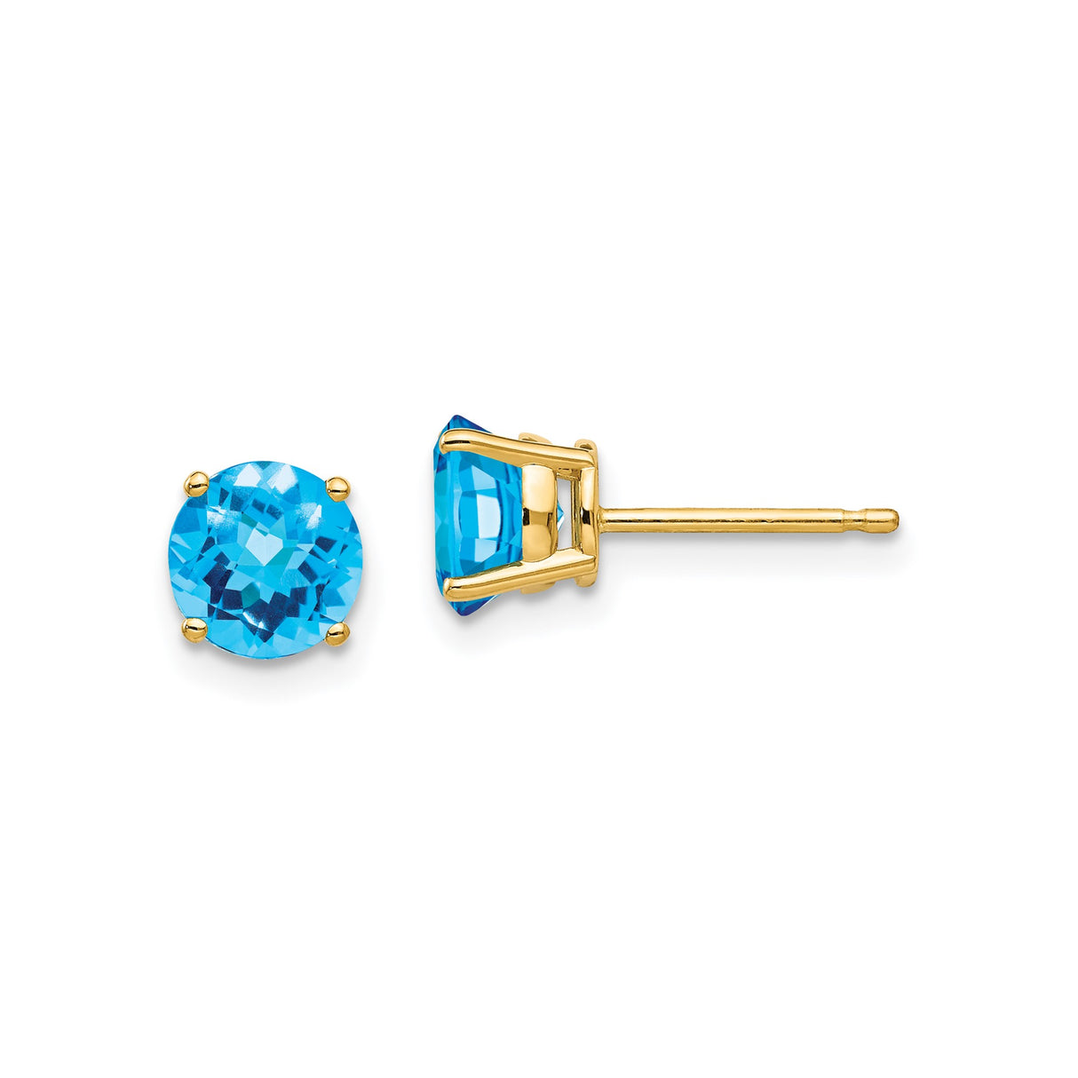 14k Yellow Gold Stud Earrings with Swiss Blue Topaz, Checkerboard Cut, Four Prong Setting