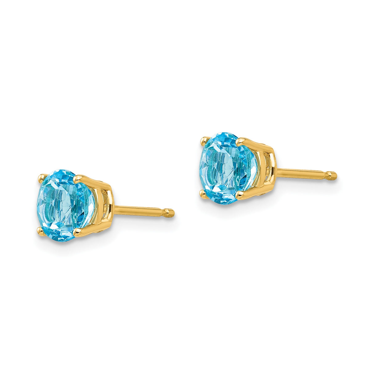 14k Yellow Gold Stud Earrings with Round Swiss Blue Topaz, Solitaire Setting, Minimalist Style