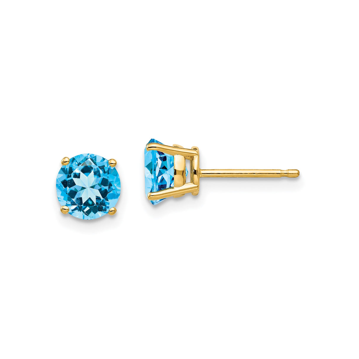 14k Yellow Gold Stud Earrings with Round Swiss Blue Topaz, Solitaire Setting, Minimalist Style
