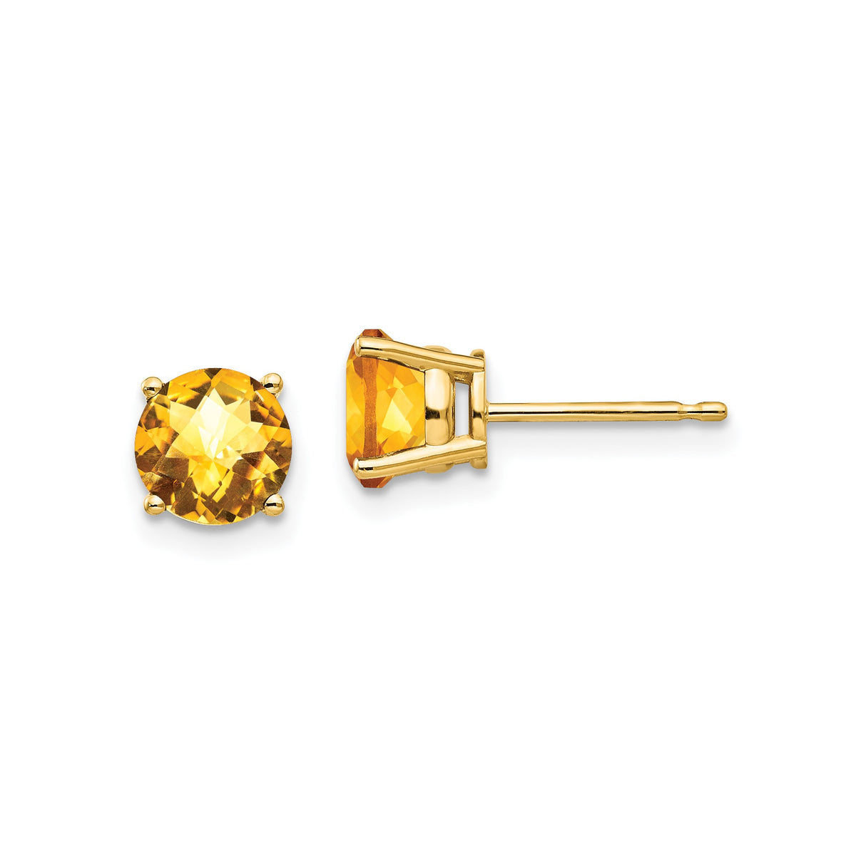 14k Yellow Gold Stud Earrings with Round Citrine in Classic Four Prong Setting