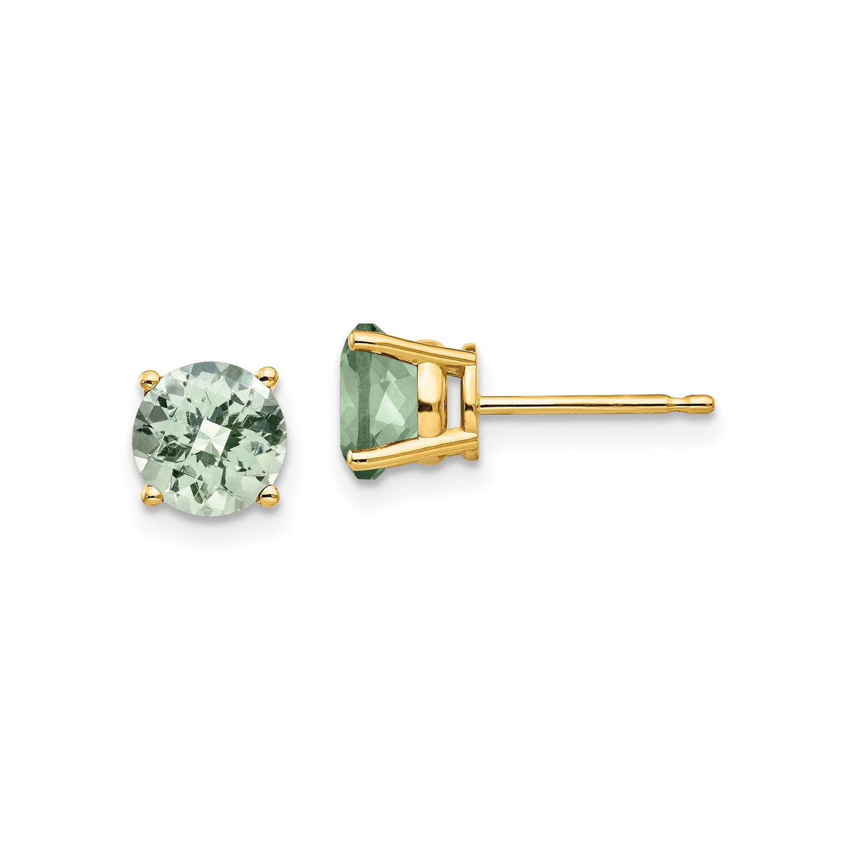14k Yellow Gold Stud Earrings with Round Green Quartz in Four-Prong Setting