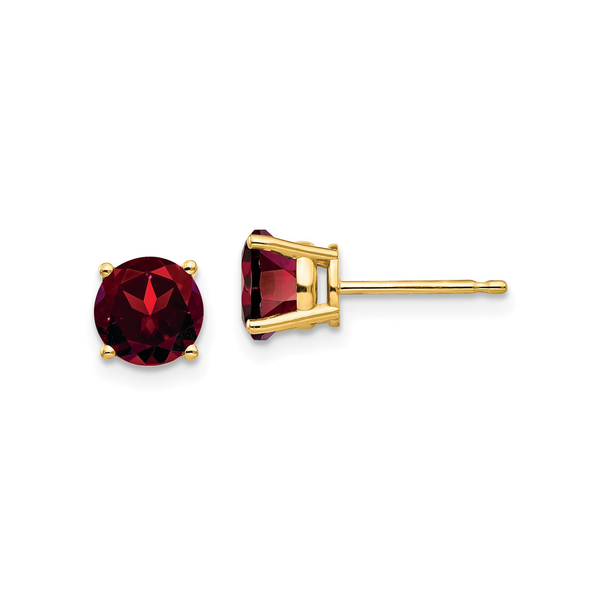 14k Yellow Gold Stud Earrings with Round Garnet, Four Prong Setting, Classic Style for Women