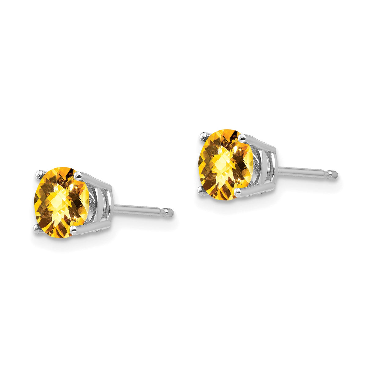 14k White Gold Stud Earrings with Round Citrine, Checkerboard Cut, Prong Set Design for Women