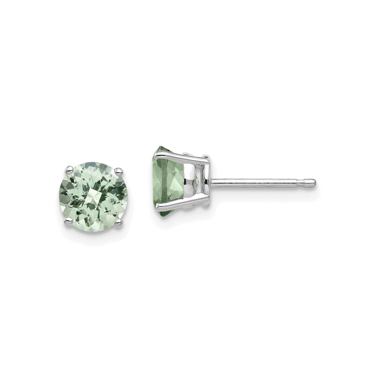 14k White Gold Stud Earrings with Round Cut Green Quartz, Minimalist Gemstone Jewelry
