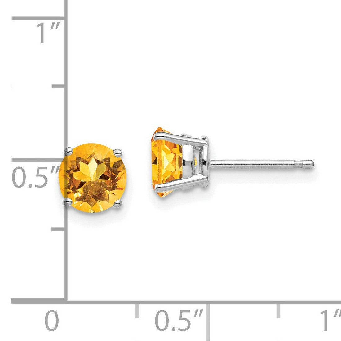 14k White Gold Citrine Stud Earrings, Round Yellow Gemstone, Four Prong Basket Setting