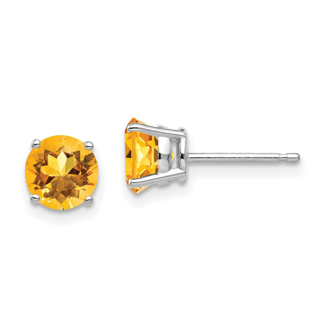 14k White Gold Citrine Stud Earrings, Round Yellow Gemstone, Four Prong Basket Setting
