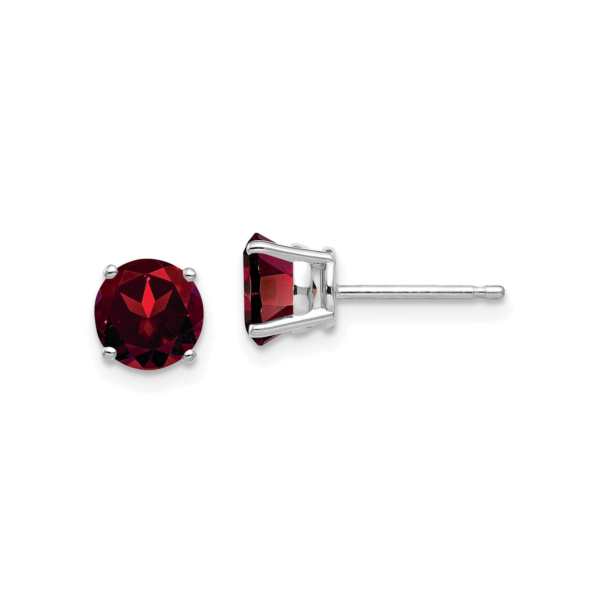 14k White Gold Garnet Stud Earrings, Round Four Prong Basket Setting