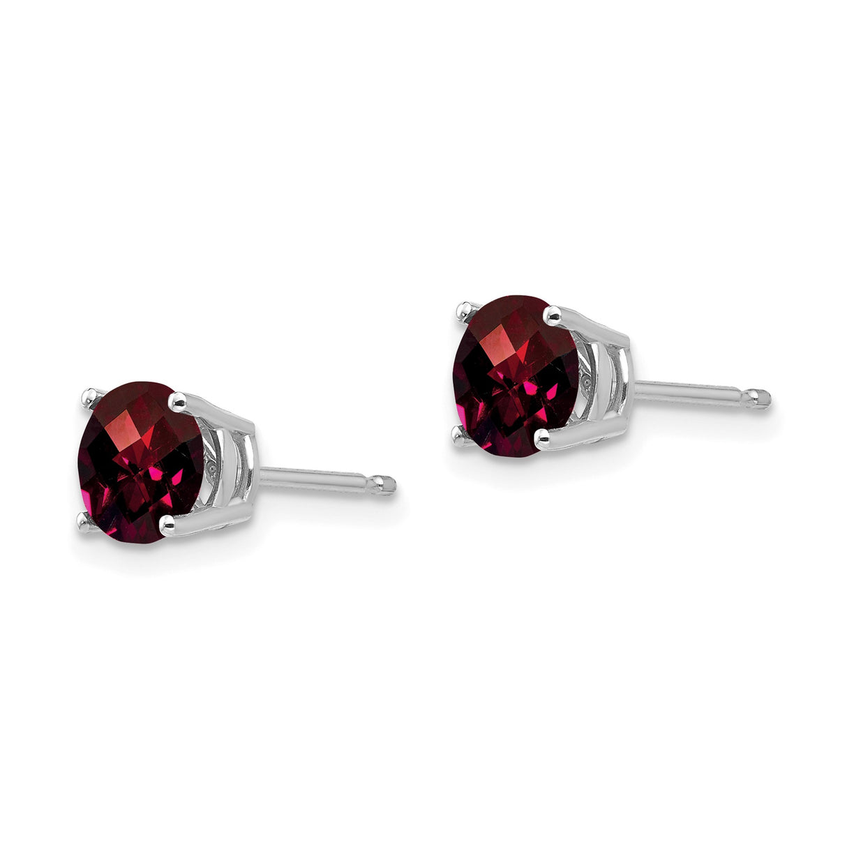 14k White Gold Garnet Stud Earrings, Round Cut Four Prong Setting, January Birthstone