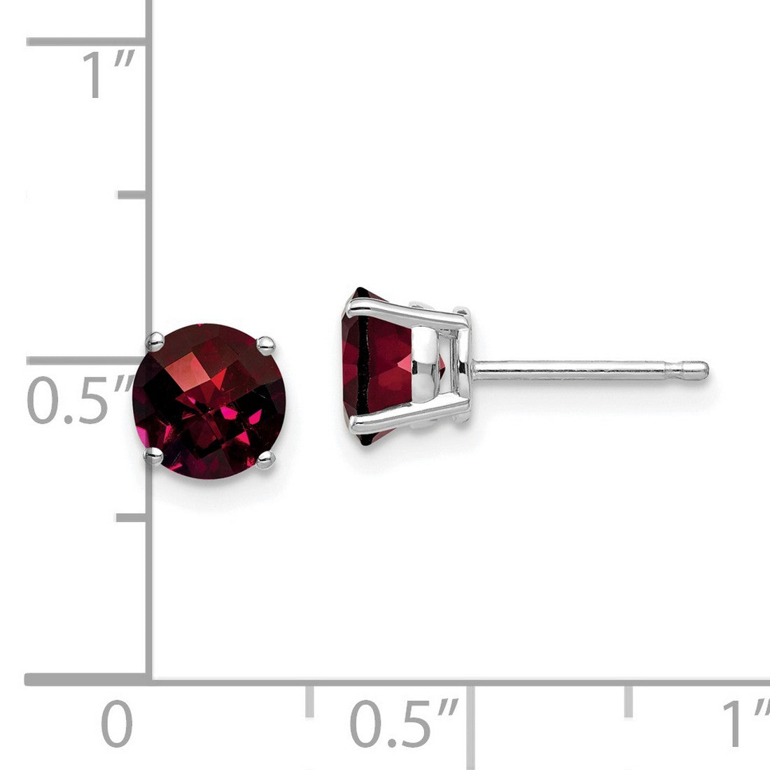 14k White Gold Garnet Stud Earrings, Round Cut Four Prong Setting, January Birthstone