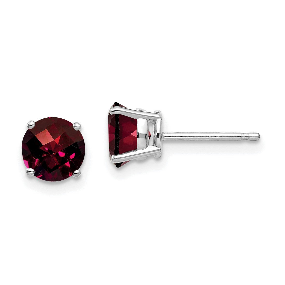 14k White Gold Garnet Stud Earrings, Round Cut Four Prong Setting, January Birthstone