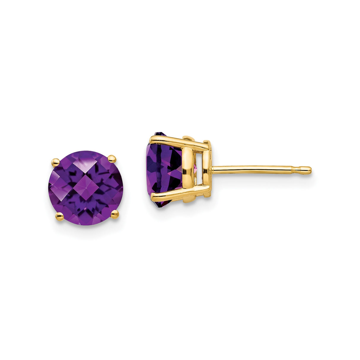 14k Yellow Gold Amethyst Stud Earrings, Round Cut Four Prong Minimalist Birthstone Jewelry