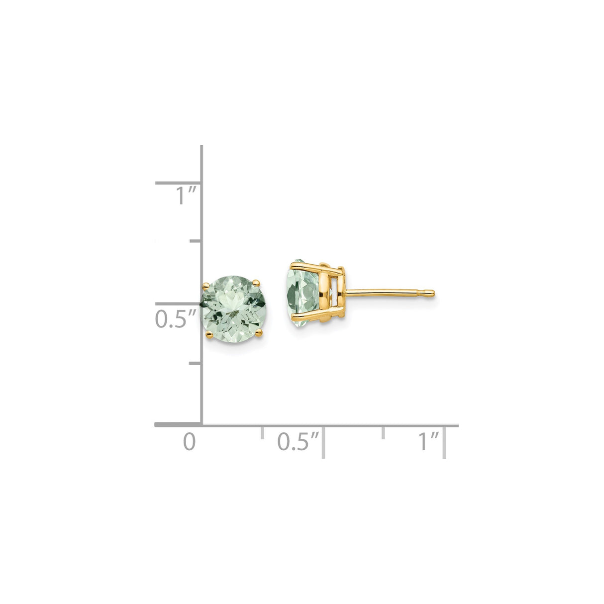 14k Yellow Gold Stud Earrings with Round Light Green Quartz, Classic Four Prong Setting