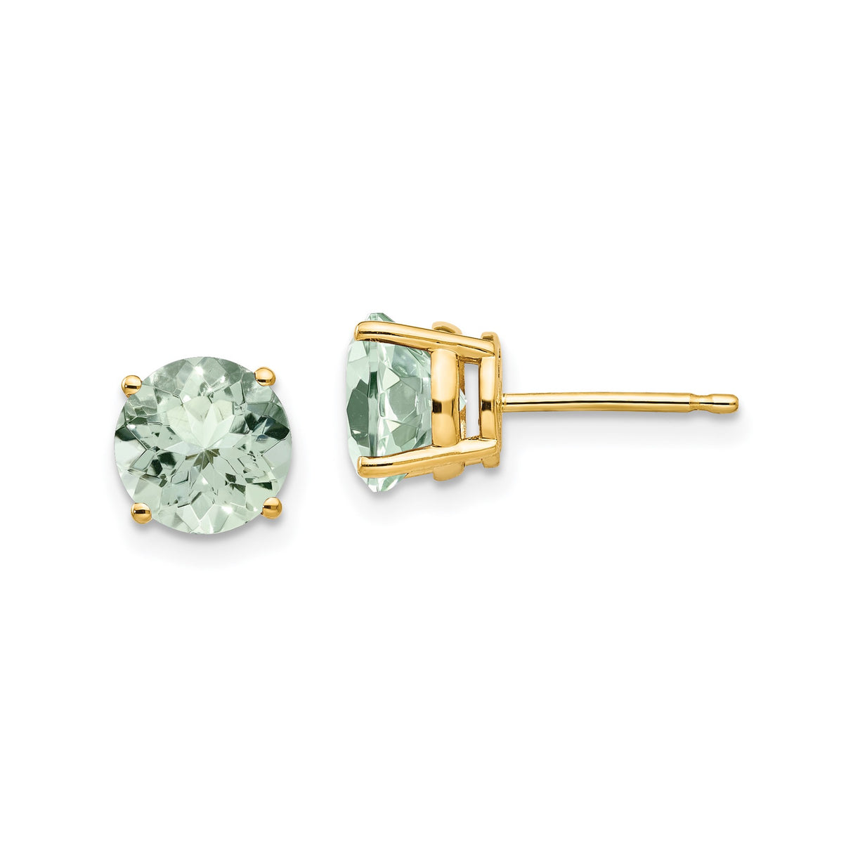 14k Yellow Gold Stud Earrings with Round Light Green Quartz, Classic Four Prong Setting