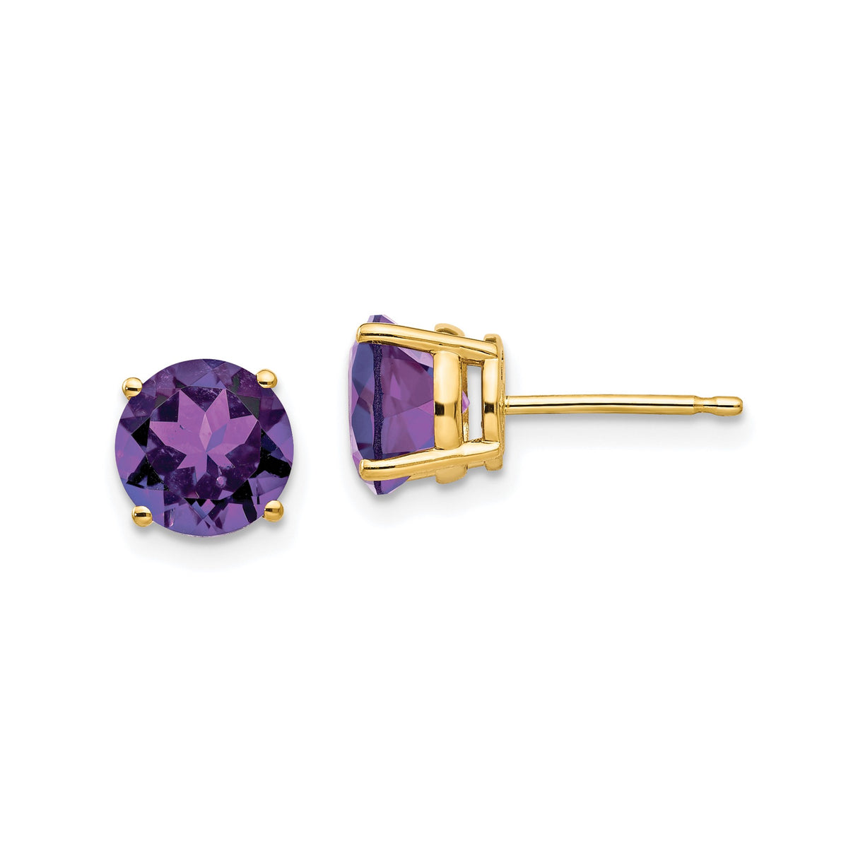 14k Yellow Gold Amethyst Stud Earrings, Round Cut Solitaire, Minimalist Design for Women