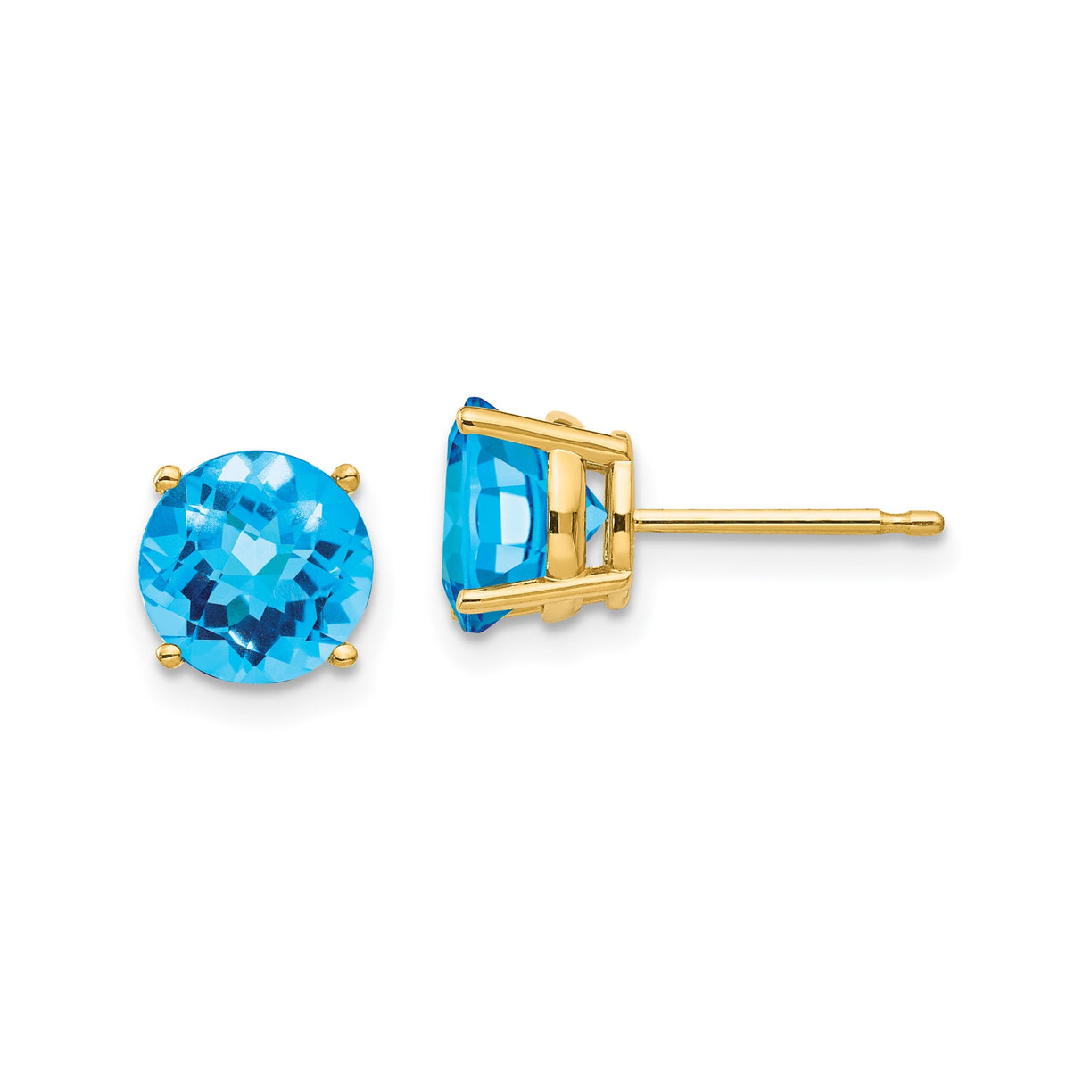14k Yellow Gold Stud Earrings with Swiss Blue Topaz, Classic Minimalist Design for Women