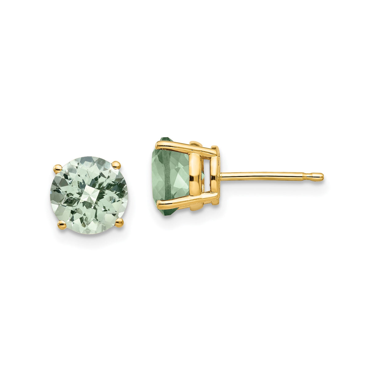 14k Yellow Gold Stud Earrings with Round Green Quartz in Four Prong Setting