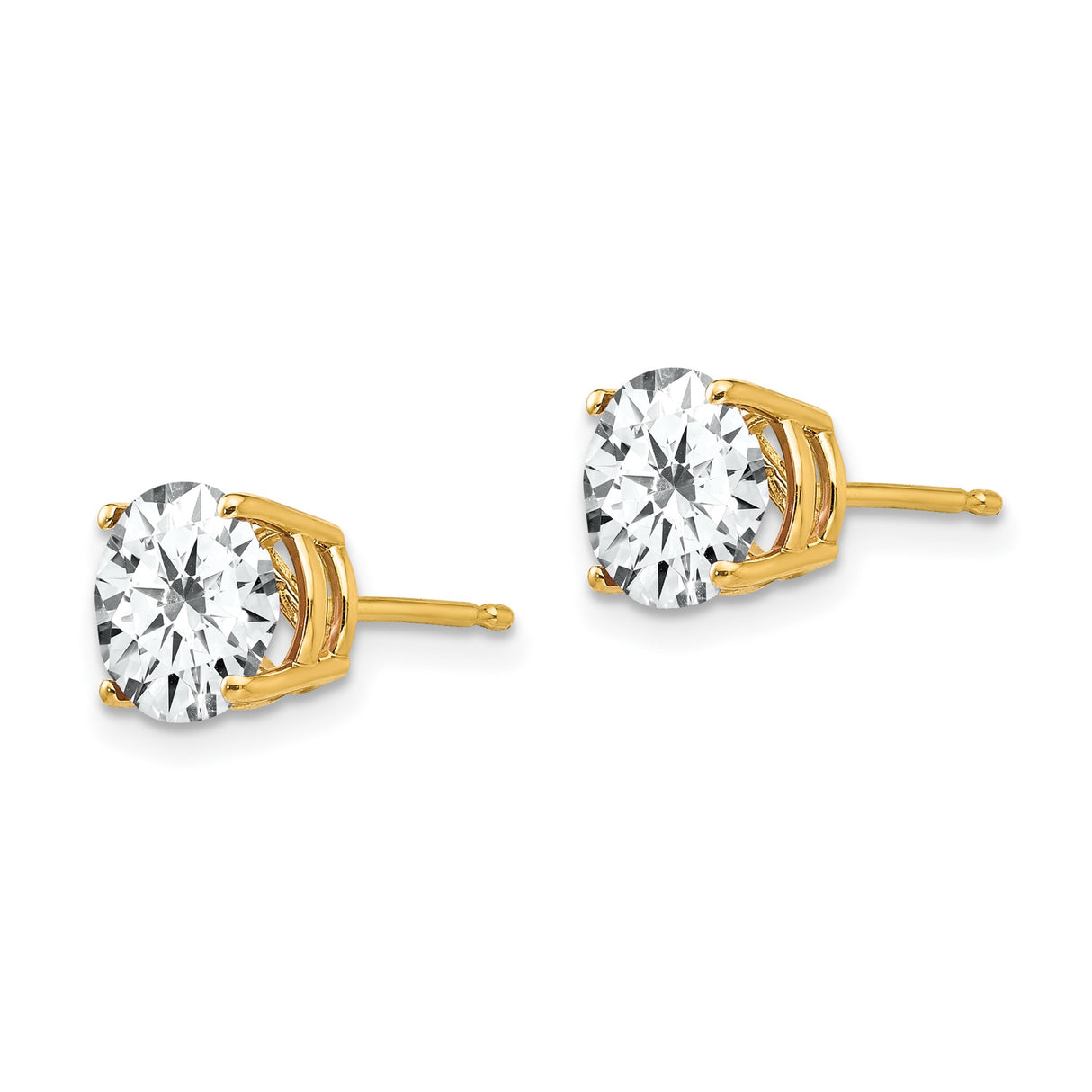 14k Yellow Gold Stud Earrings with Round Cut Cubic Zirconia, Classic Four Prong Solitaire Style